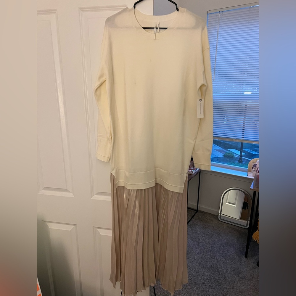 Cream dress: Long Sleeve Top with Pleated Tan bottom